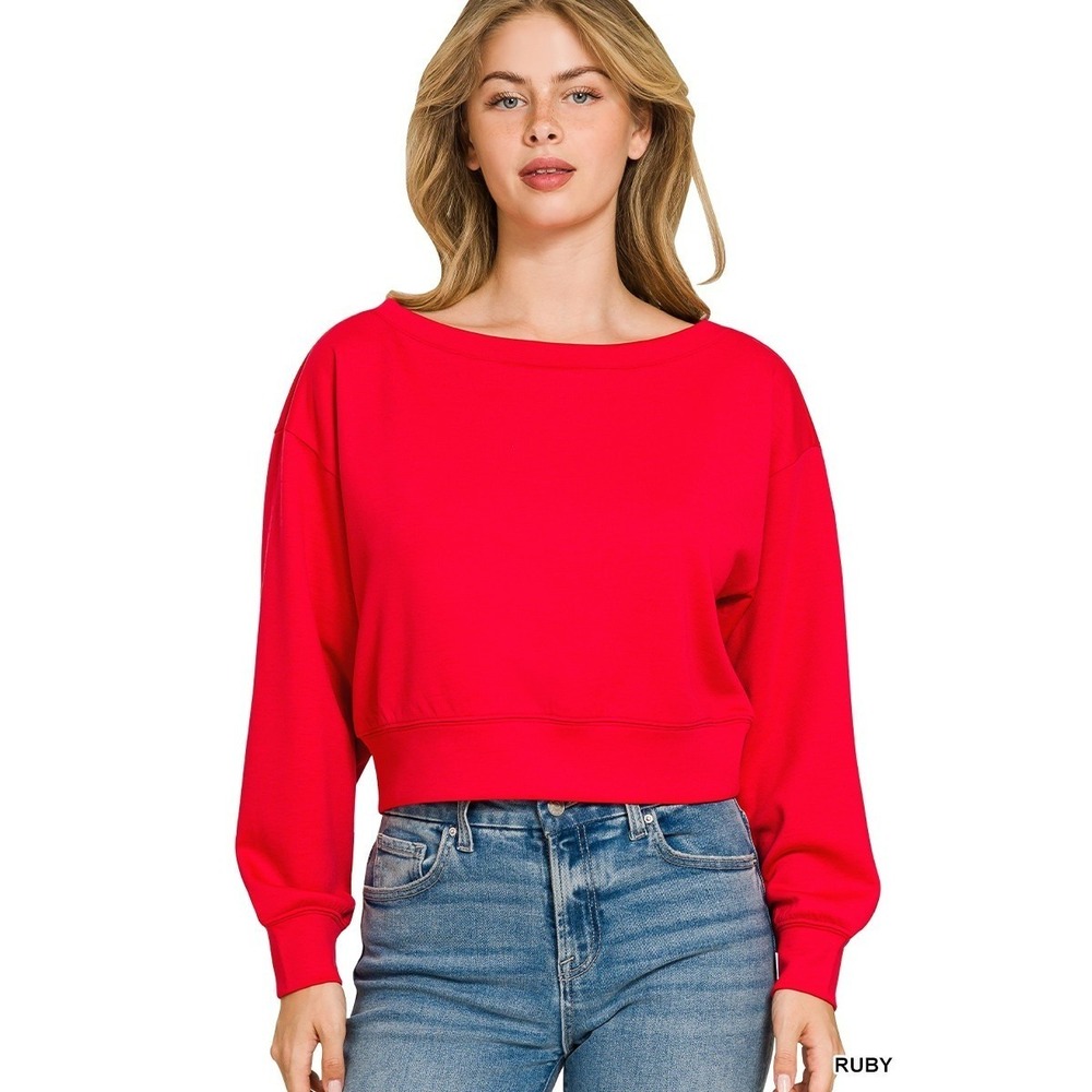 Zenana Scuba Cropped Boat Neck Pullover Sweatshirts - Medium